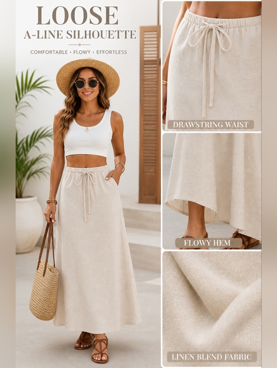 Dresses & Skirts - NWT Flax Linen Blend Maxi Skirt Size Large 12-14 A-Line Tie Waist Coastal Summer